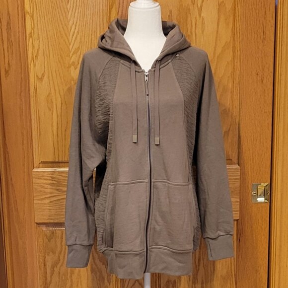 JoyLab Taupe Neutral Longline Zip Up Hooded Jacket Oversized Relaxed Fit NEW - Picture 7 of 15